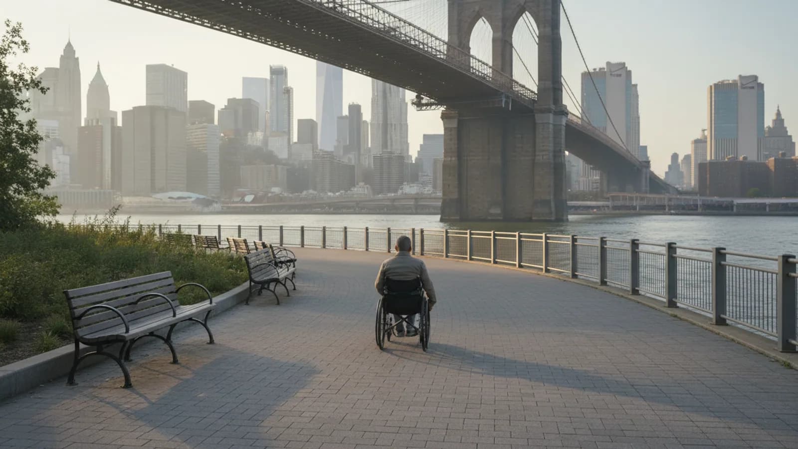 accessible paved Brooklyn Bridge Park path in DUMBO with wheelchair user seen from behind, benches and waterfront, respectful editorial realism