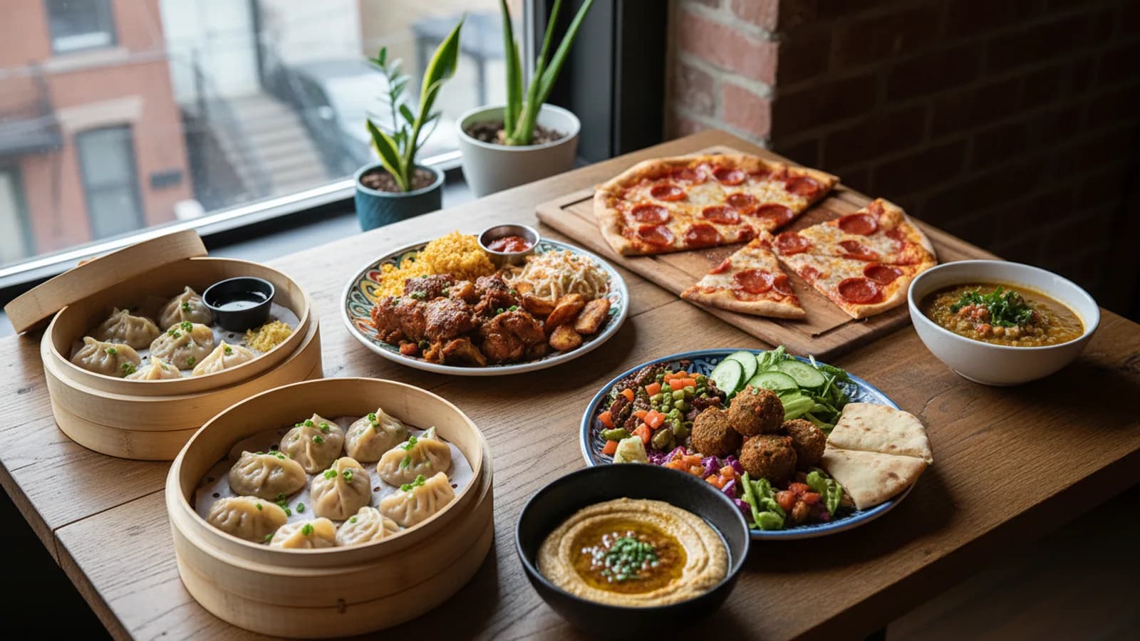 overhead editorial food table showing several affordable Brooklyn meal formats, dumplings, Caribbean plate, pizza slices and Mediterranean dishes, no logos