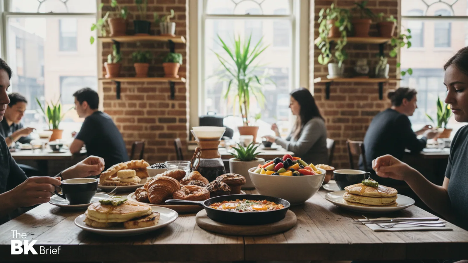 sunlit Brooklyn brunch table in a brownstone cafe with pastries, eggs, coffee and fruit, warm candid editorial framing, no logos or readable menu