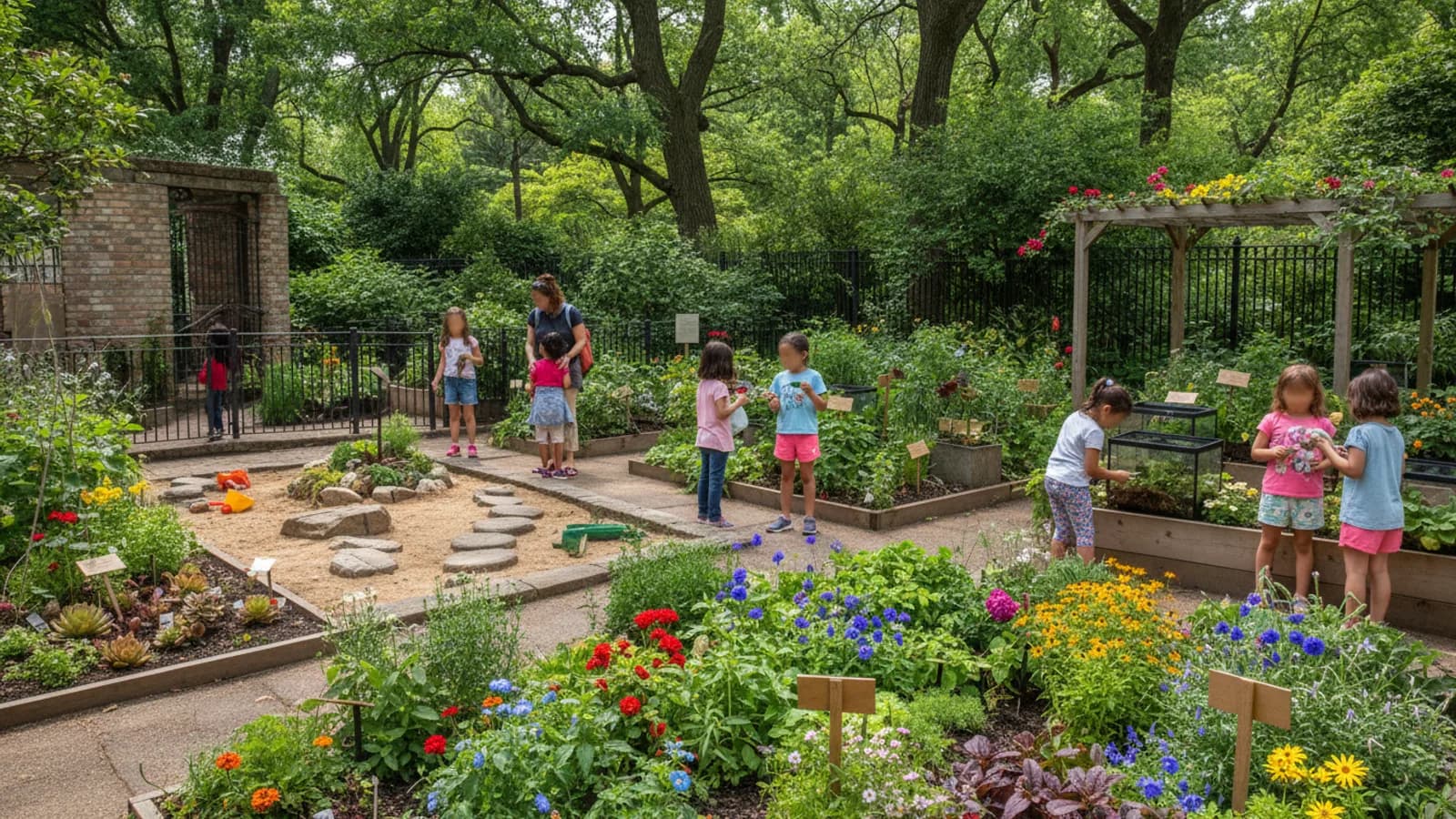 children exploring plant habitats in Brooklyn Botanic Garden Discovery Garden with adult nearby, lush educational setting, faces not identifiable