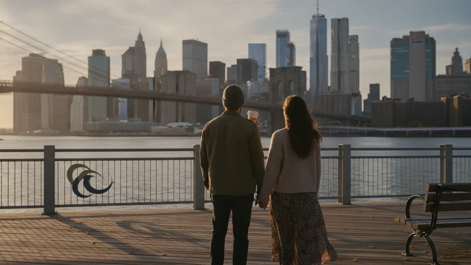 two adults on a Brooklyn waterfront date at golden hour seen from behind, coffee cups and skyline, understated editorial realism
