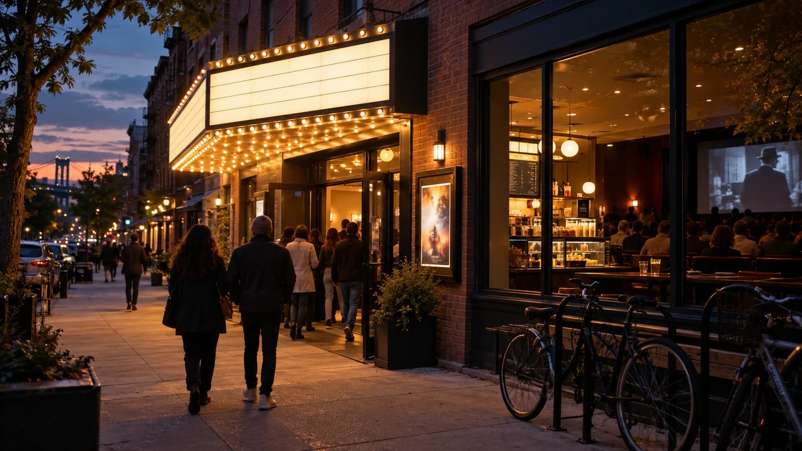 Moviegoers approaching a warmly lit neighborhood cinema on a Brooklyn street at blue hour