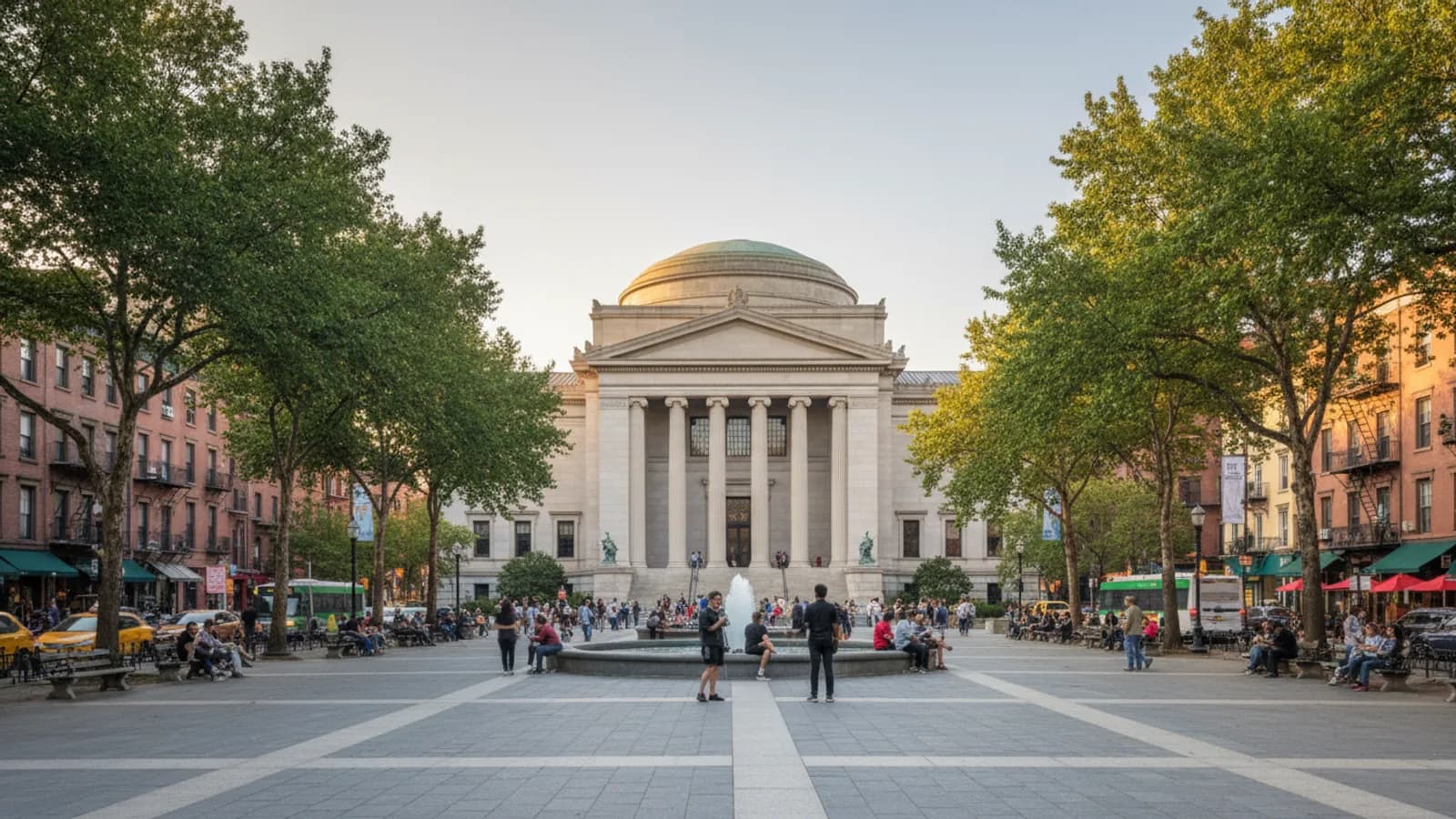 grand Brooklyn Museum exterior with nearby plaza and leafy cultural district atmosphere, no readable banners or identifiable faces