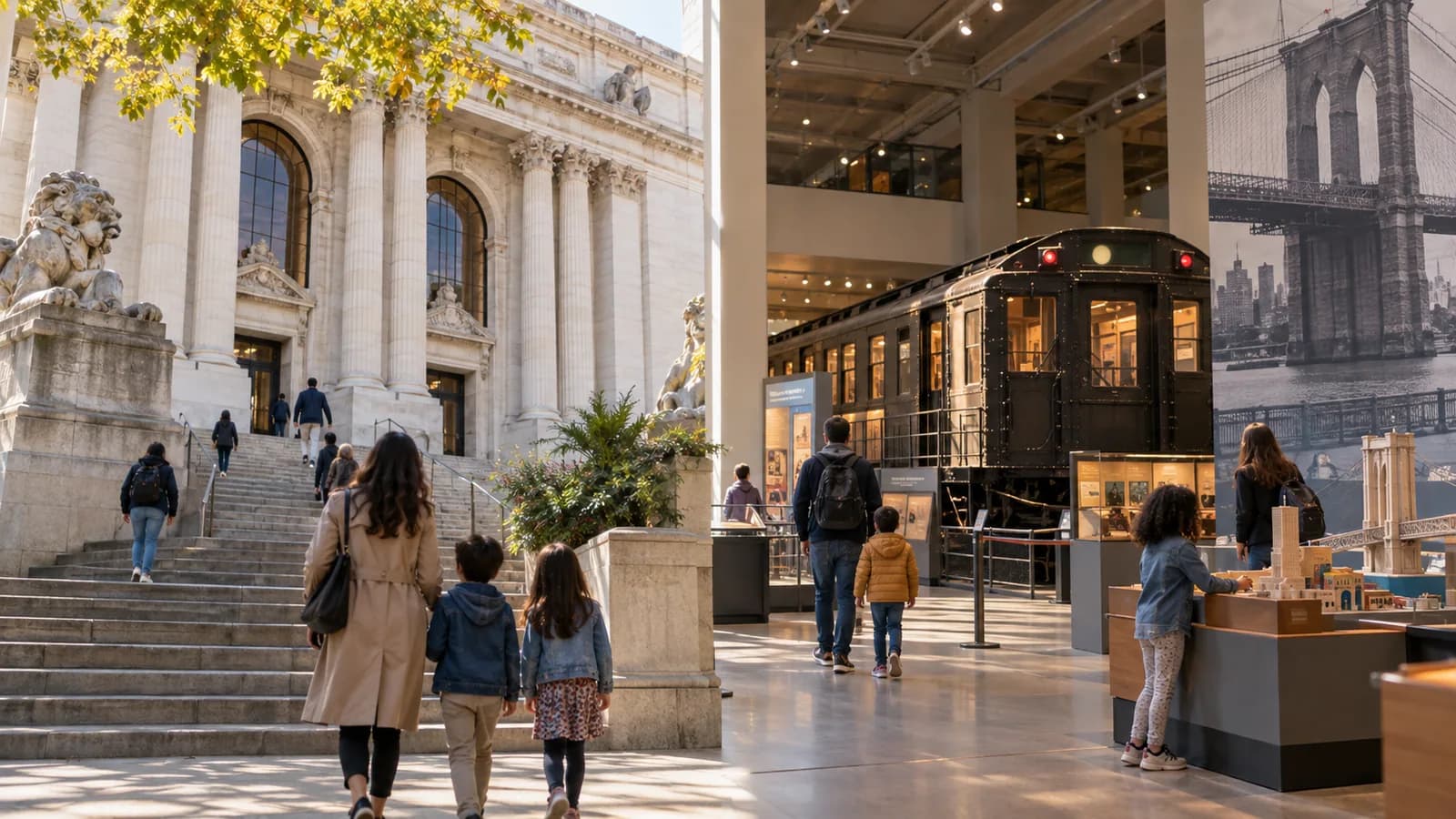 Families entering a grand Brooklyn museum beside an editorial view of a historic transit exhibit and hands-on gallery