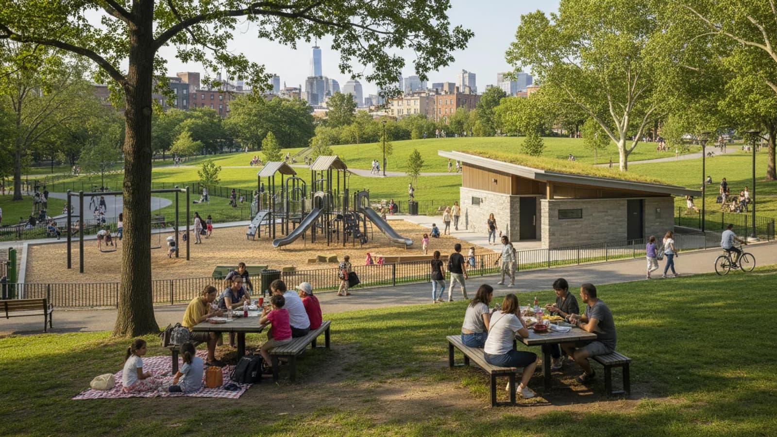 wide Brooklyn park picnic area with playground, restroom building and shaded tables visible in a coherent realistic landscape, no signage text