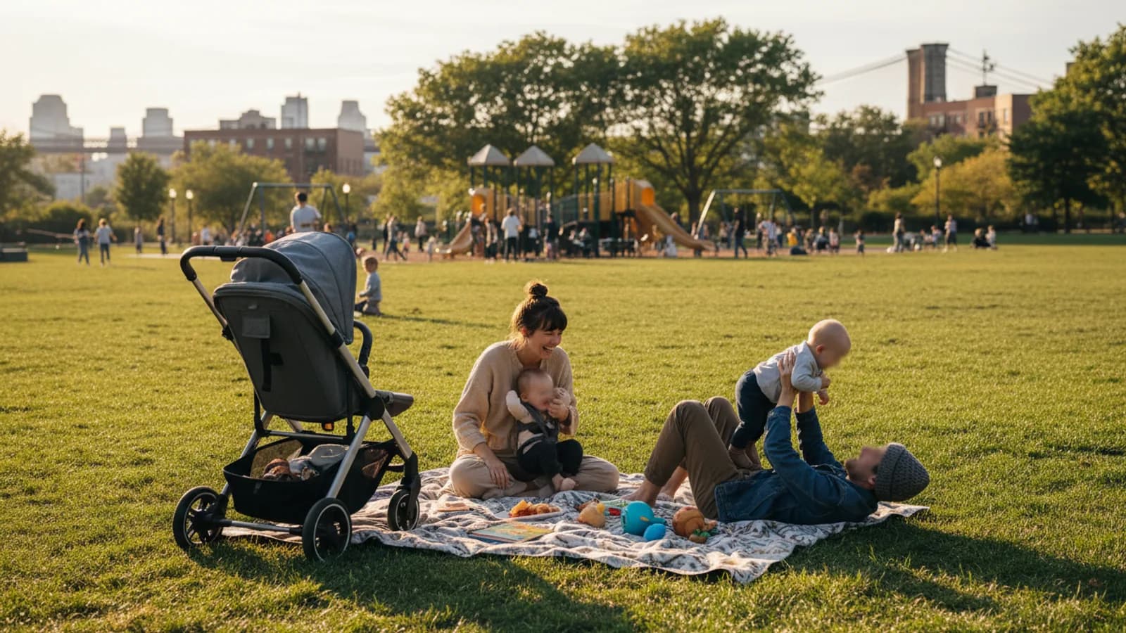 Brooklyn family day in a large park with stroller, playground in distance and picnic blanket, natural candid moment, faces not identifiable