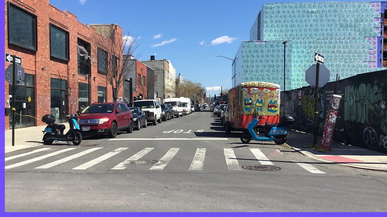 A Brooklyn neighborhood streetscape illustrating art in Bushwick