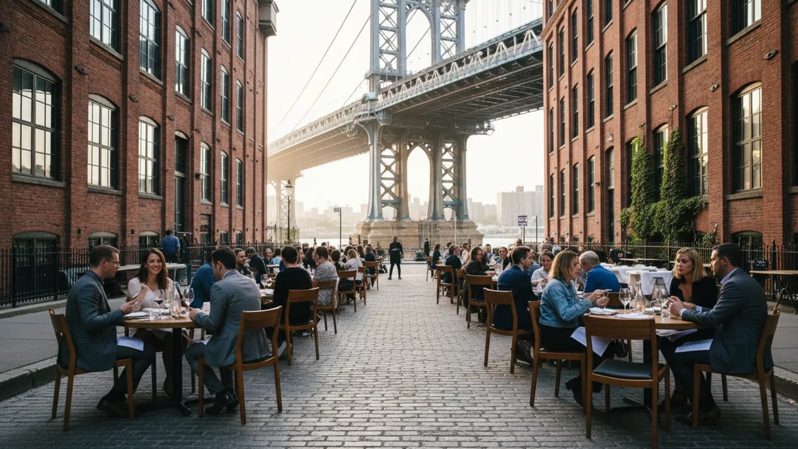 stylish DUMBO streetscape dining scene beneath brick warehouses and bridge structure, outdoor tables without logos, no readable signs
