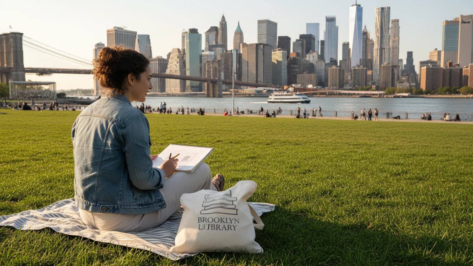 free Brooklyn day outdoors with waterfront lawn, public library tote, sketchbook and skyline, relaxed local editorial photograph, no logos