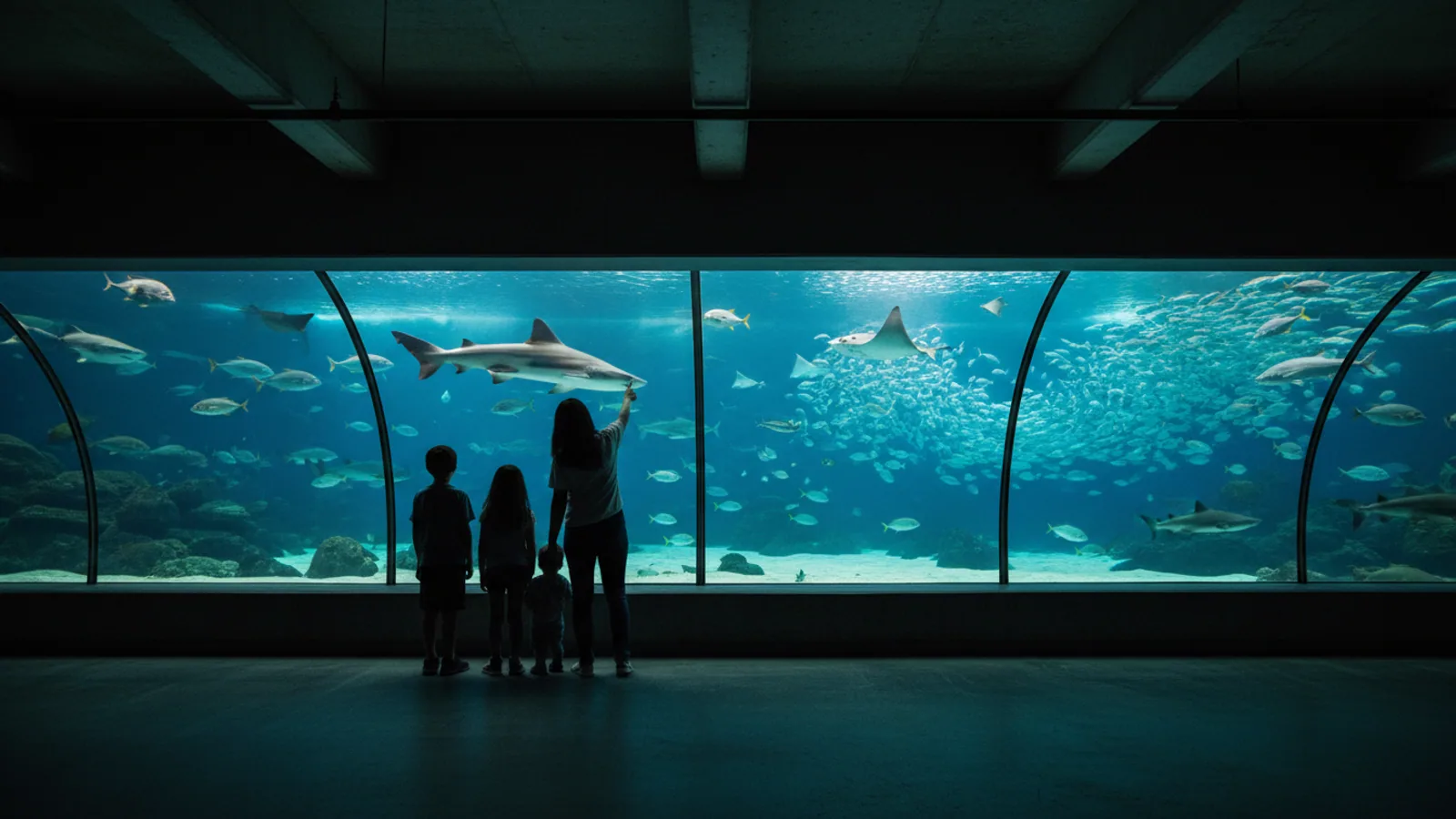 family viewing a large aquarium habitat at New York Aquarium style setting, blue natural underwater light, silhouettes, no logos or readable text