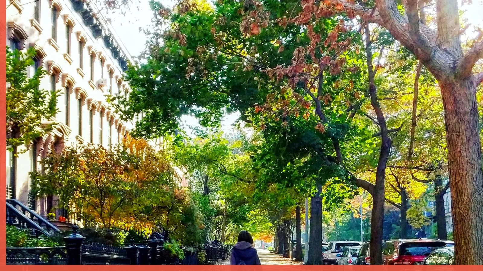 A Brooklyn neighborhood streetscape illustrating families in Park Slope