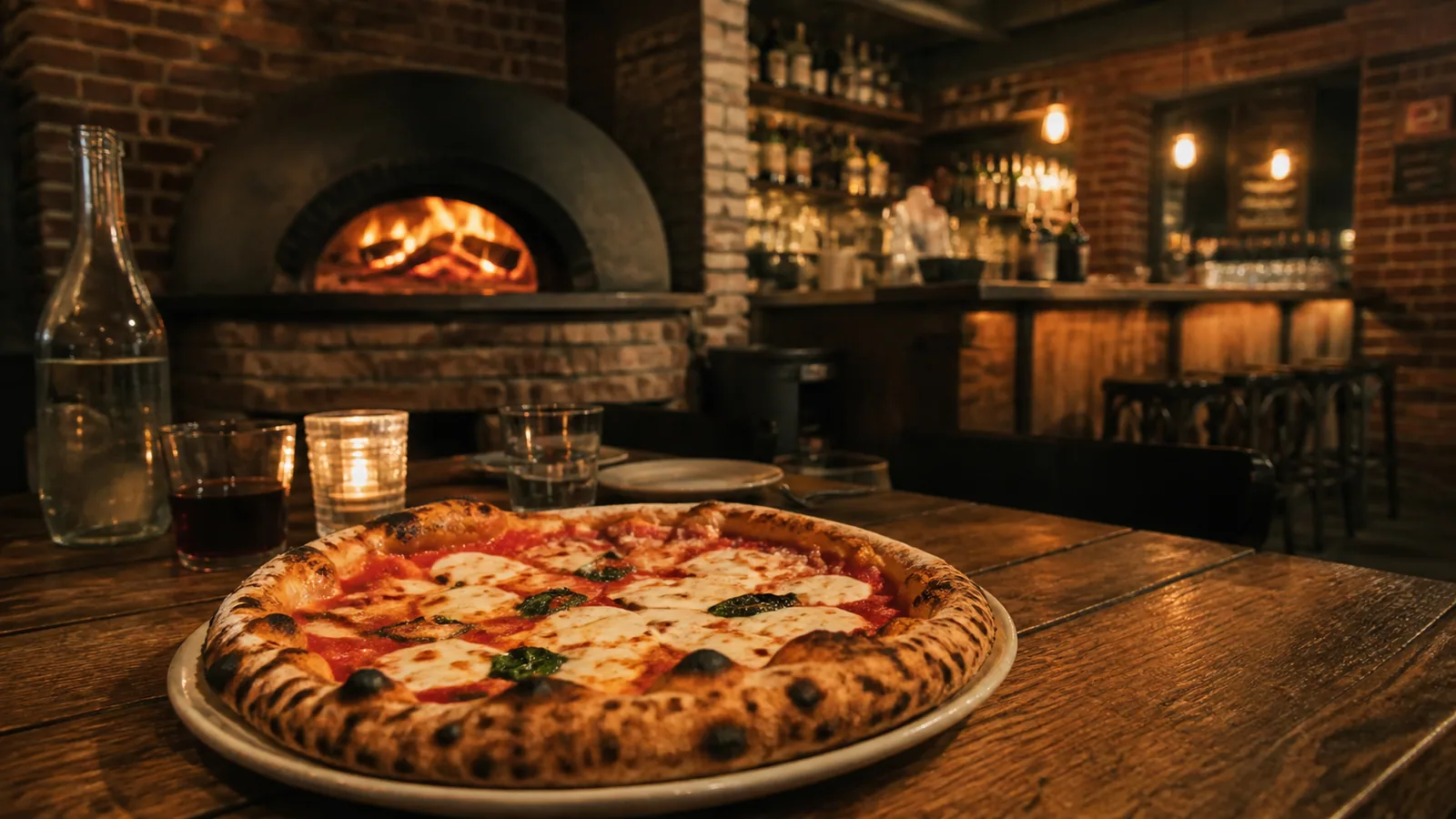 Wood-fired Neapolitan-style pizza on a tavern table with a glowing brick oven behind it