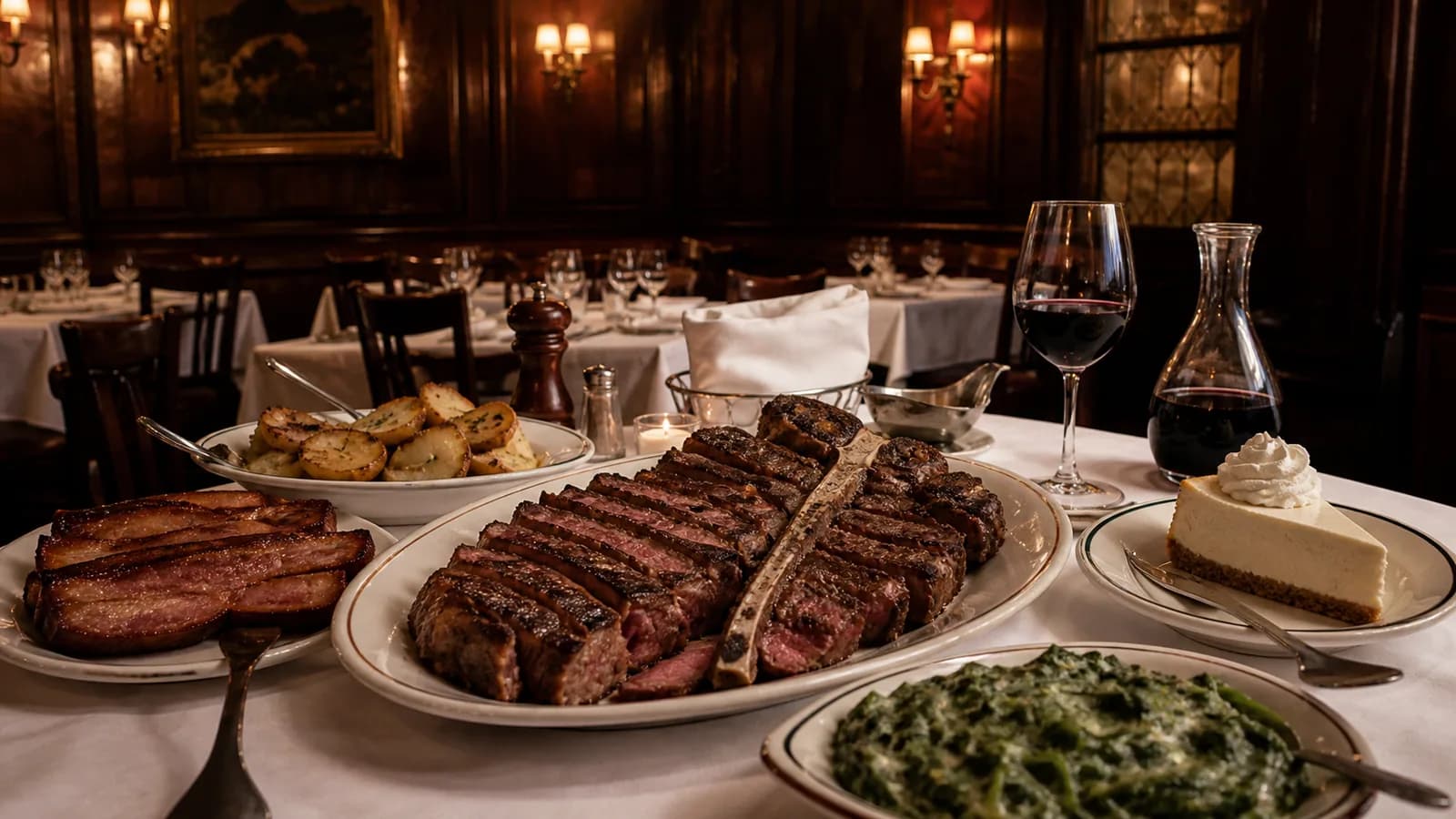 Porterhouse steak, classic sides, and cheesecake arranged on a white tablecloth in an old-school dining room