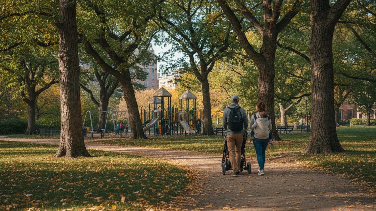 family exploring a leafy Prospect Park path with stroller and playground glimpsed through trees, natural light, no identifiable faces