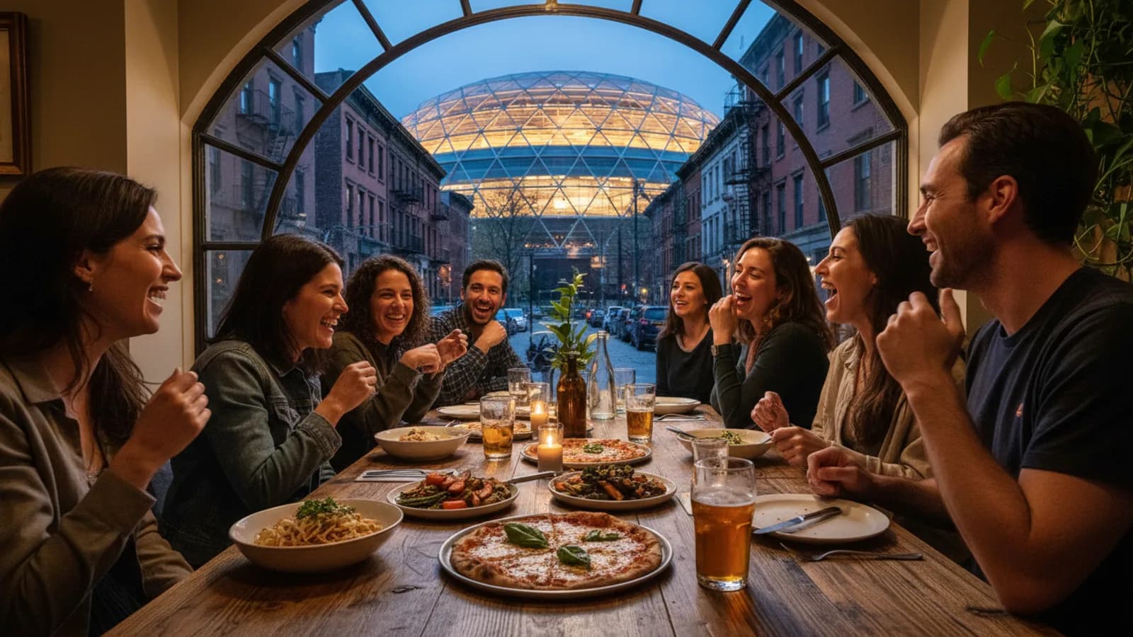 pre-show Brooklyn dining scene with Barclays Center architecture glowing in background, restaurant table foreground, no logos or readable signage