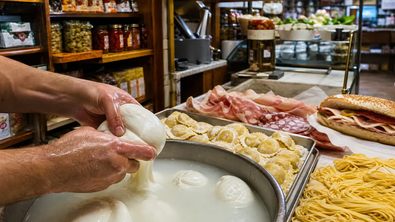 Fresh mozzarella being shaped beside ravioli, pasta, cold cuts, and an Italian hero in a Brooklyn deli