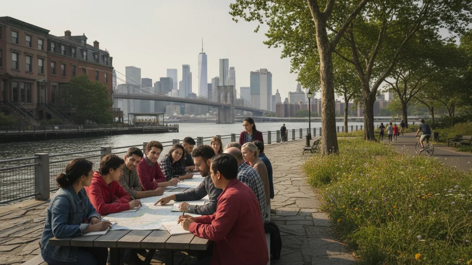 wide Brooklyn day-planning scene with waterfront promenade, brownstone blocks and park greenery suggested in one natural editorial composition