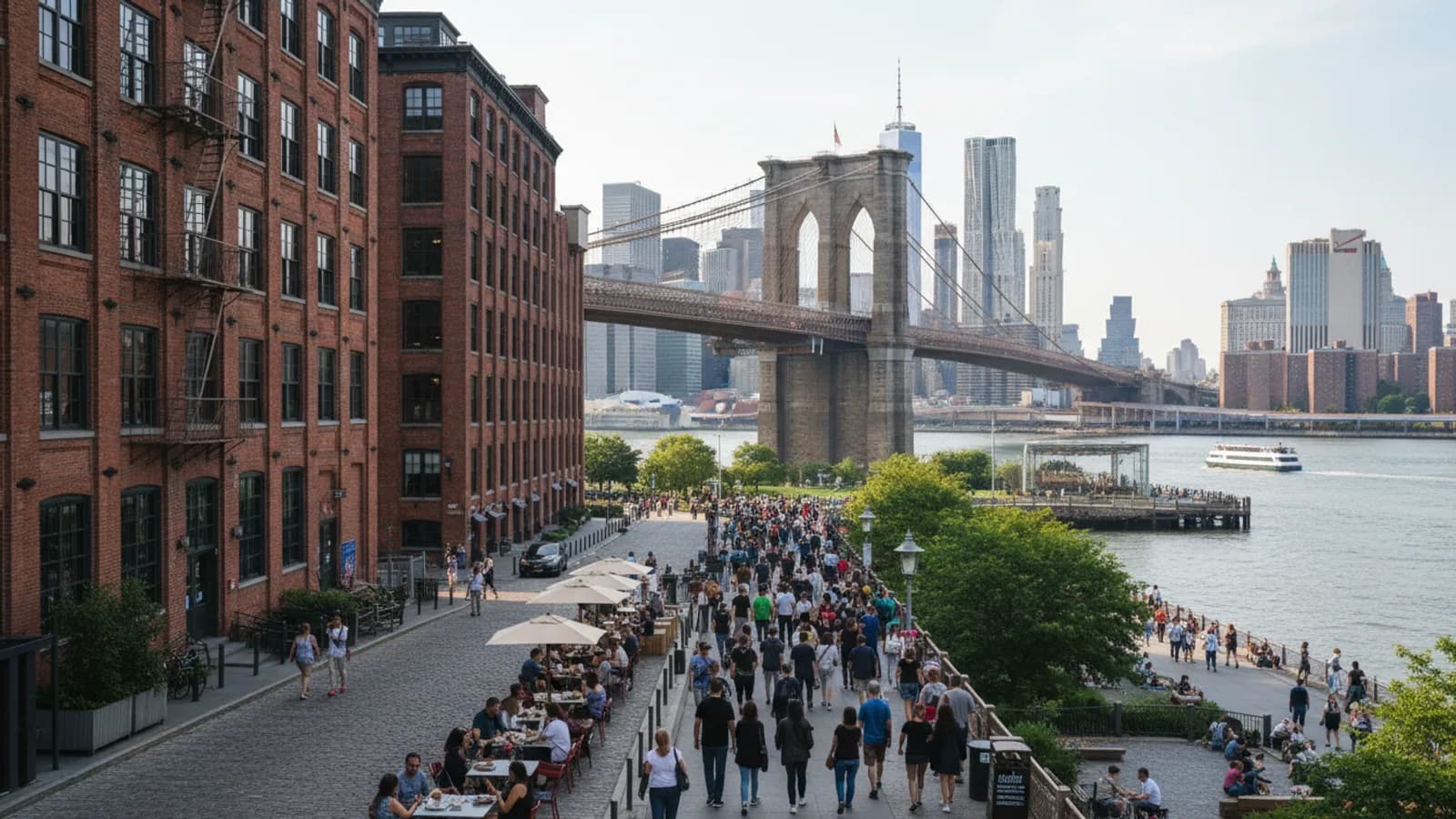 wide editorial view from Brooklyn side showing Brooklyn Bridge pedestrian approach, waterfront and brick DUMBO architecture, no identifiable faces