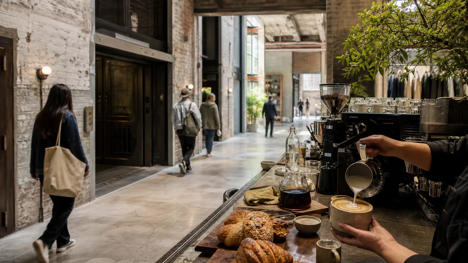 A barista pouring latte art at a compact coffee counter inside a converted industrial studio lobby