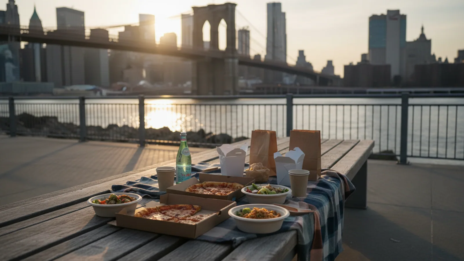 Brooklyn Bridge Park picnic meal on a bench with East River and bridge softly behind, varied takeout containers without branding