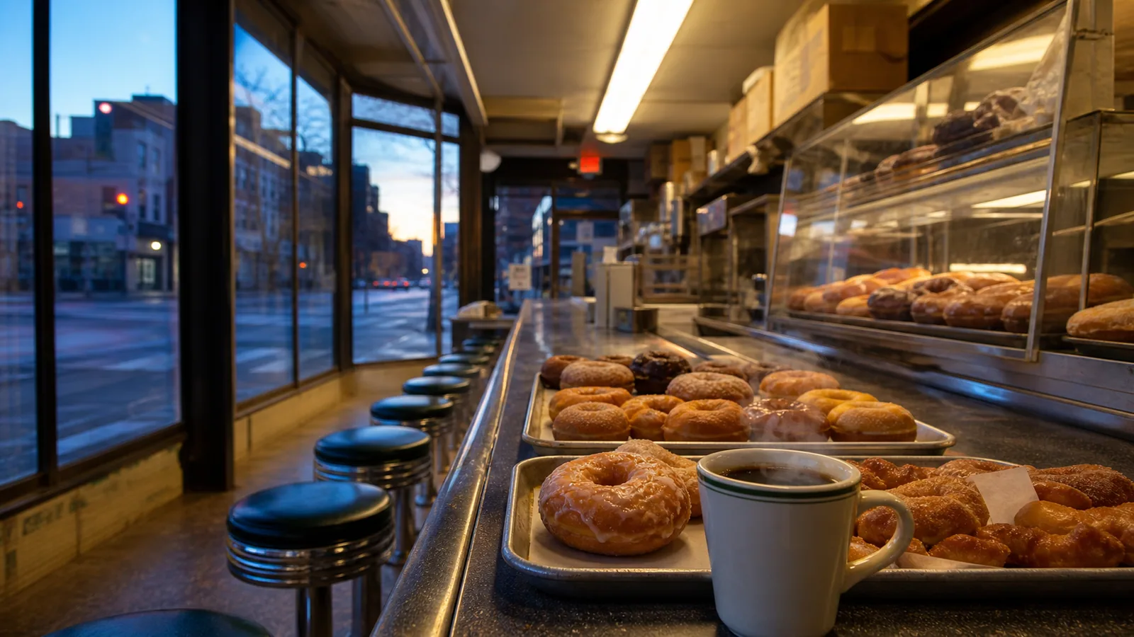 Classic doughnuts and coffee along an old-fashioned Brooklyn bakery counter at dawn