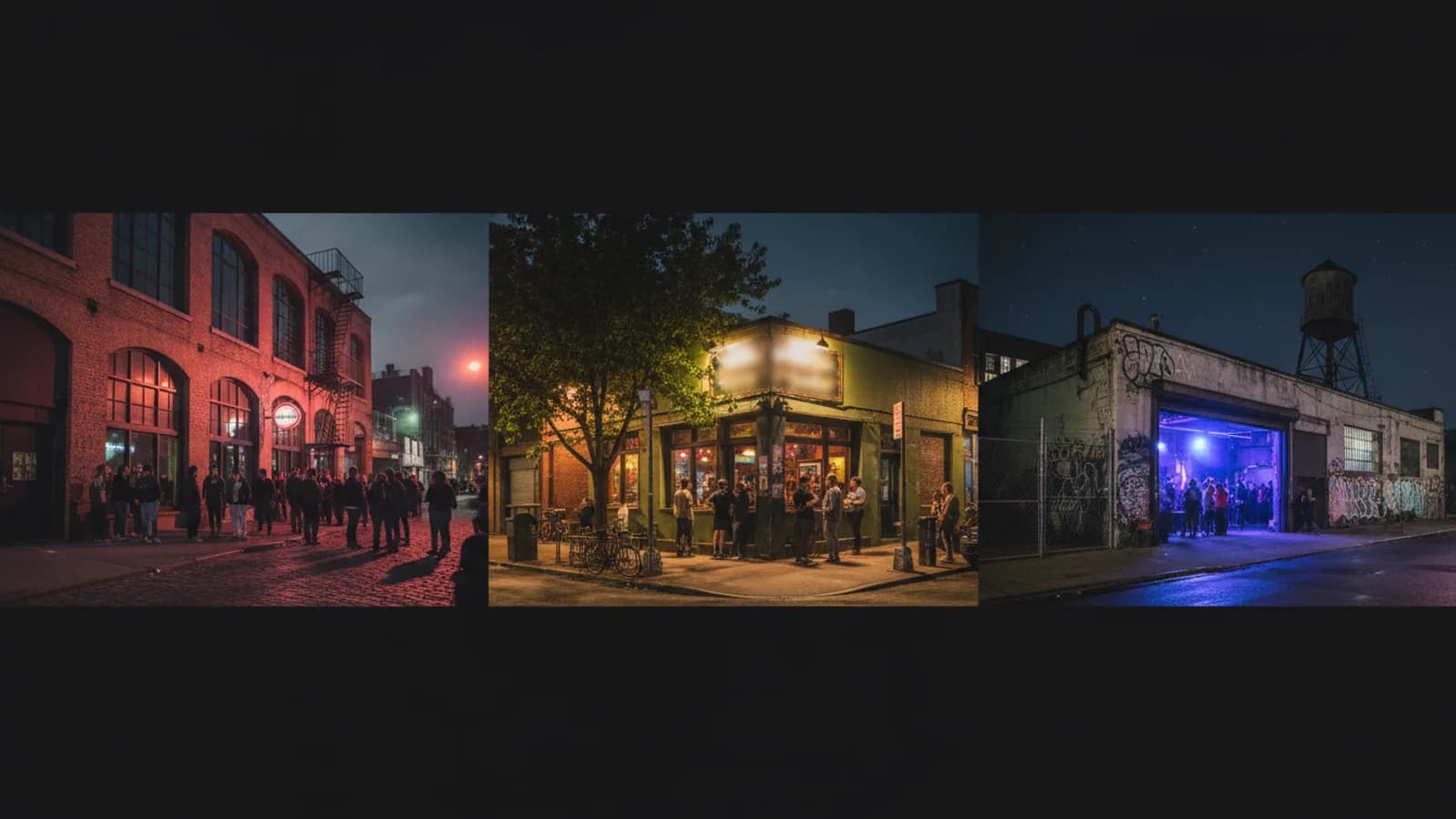 triptych-like but single realistic North Brooklyn night streetscape with music venue glow, neighborhood bar corner and industrial dance area, no signs or logos