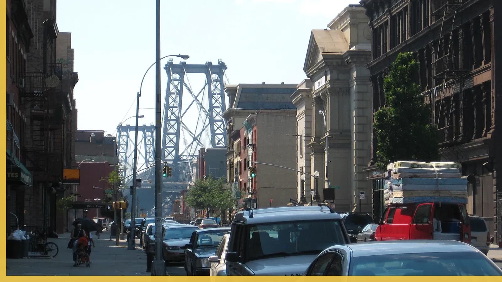 A Brooklyn neighborhood streetscape illustrating music in Williamsburg