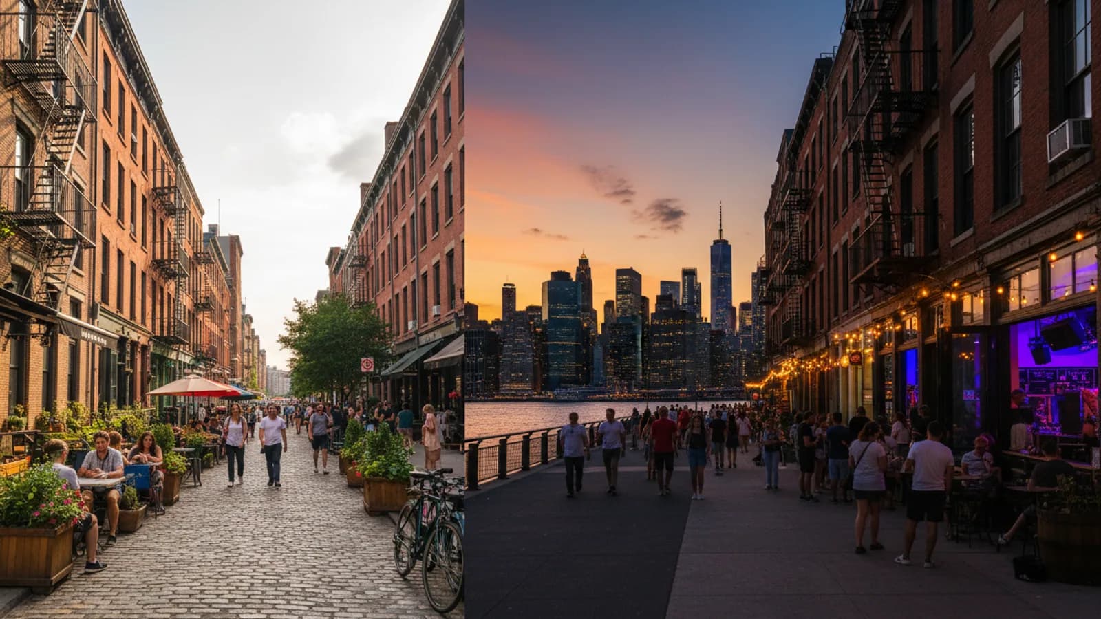 Williamsburg day-to-night editorial streetscape transitioning from cafe blocks to waterfront skyline, coherent natural photograph, no logos