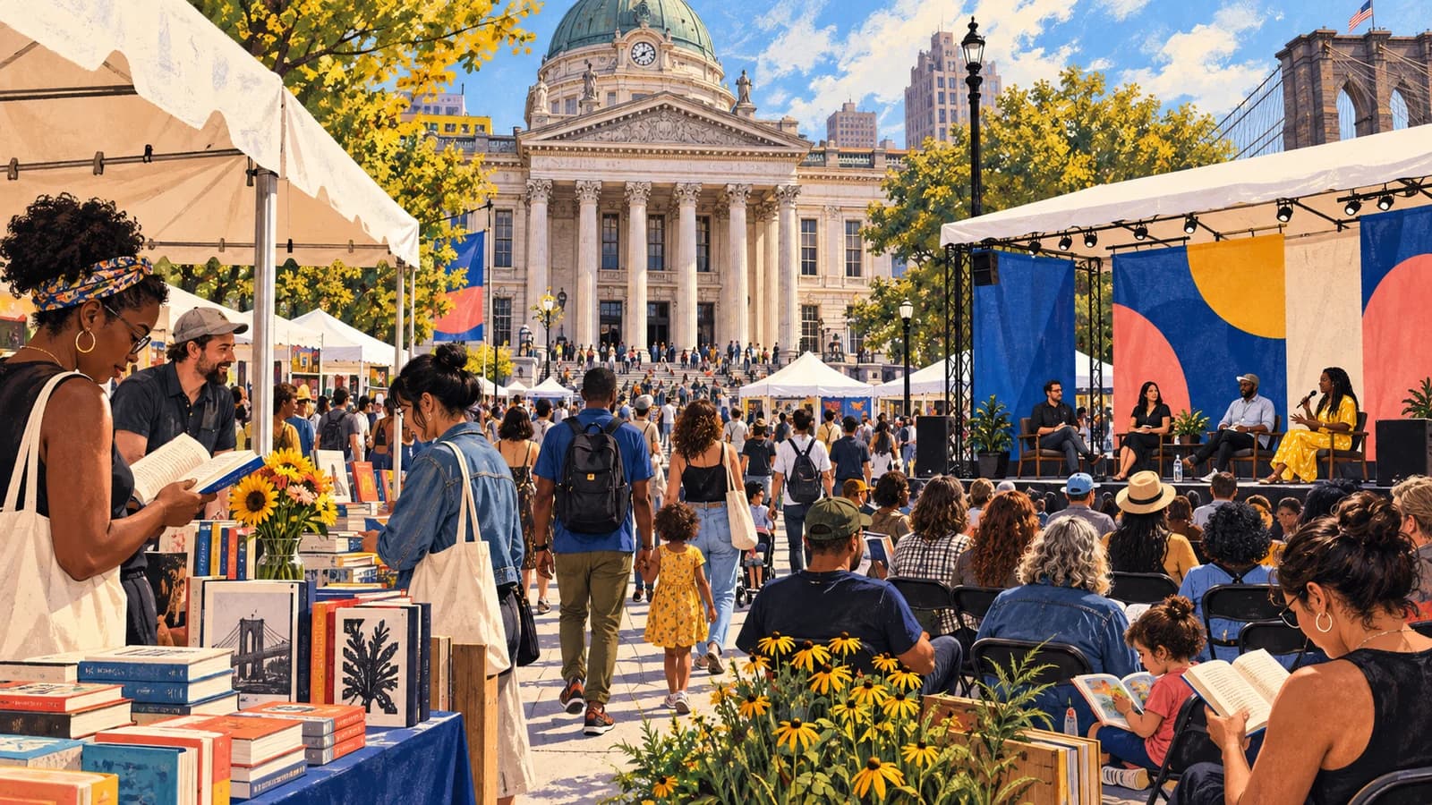 Readers browsing book stalls and listening to outdoor author panels near Brooklyn Borough Hall