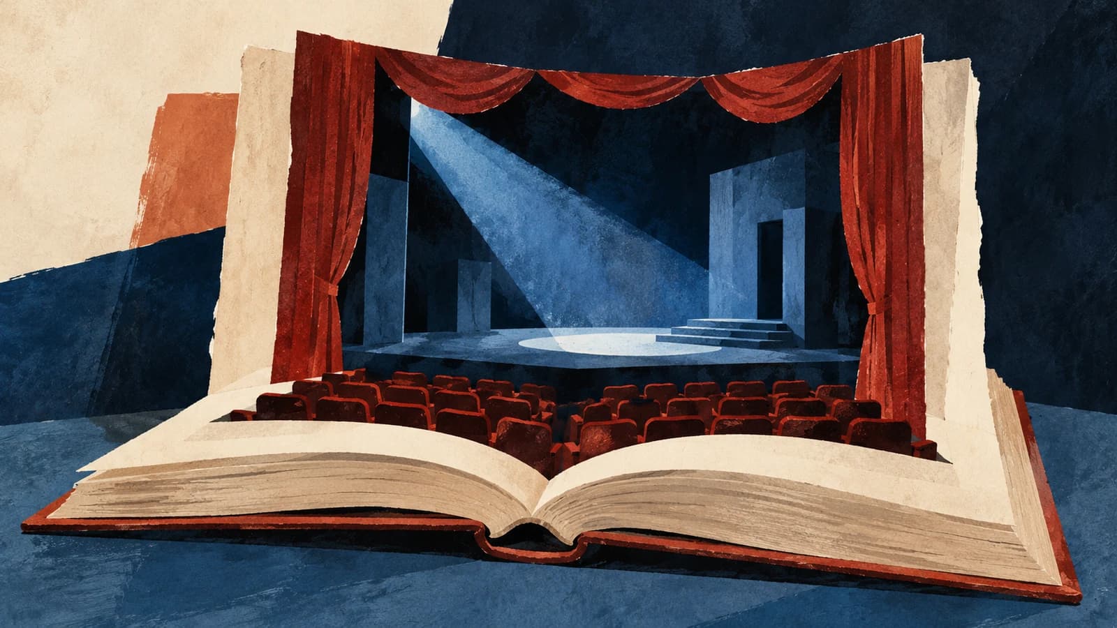 Conceptual editorial illustration: an open memoir beside a miniature theater stage