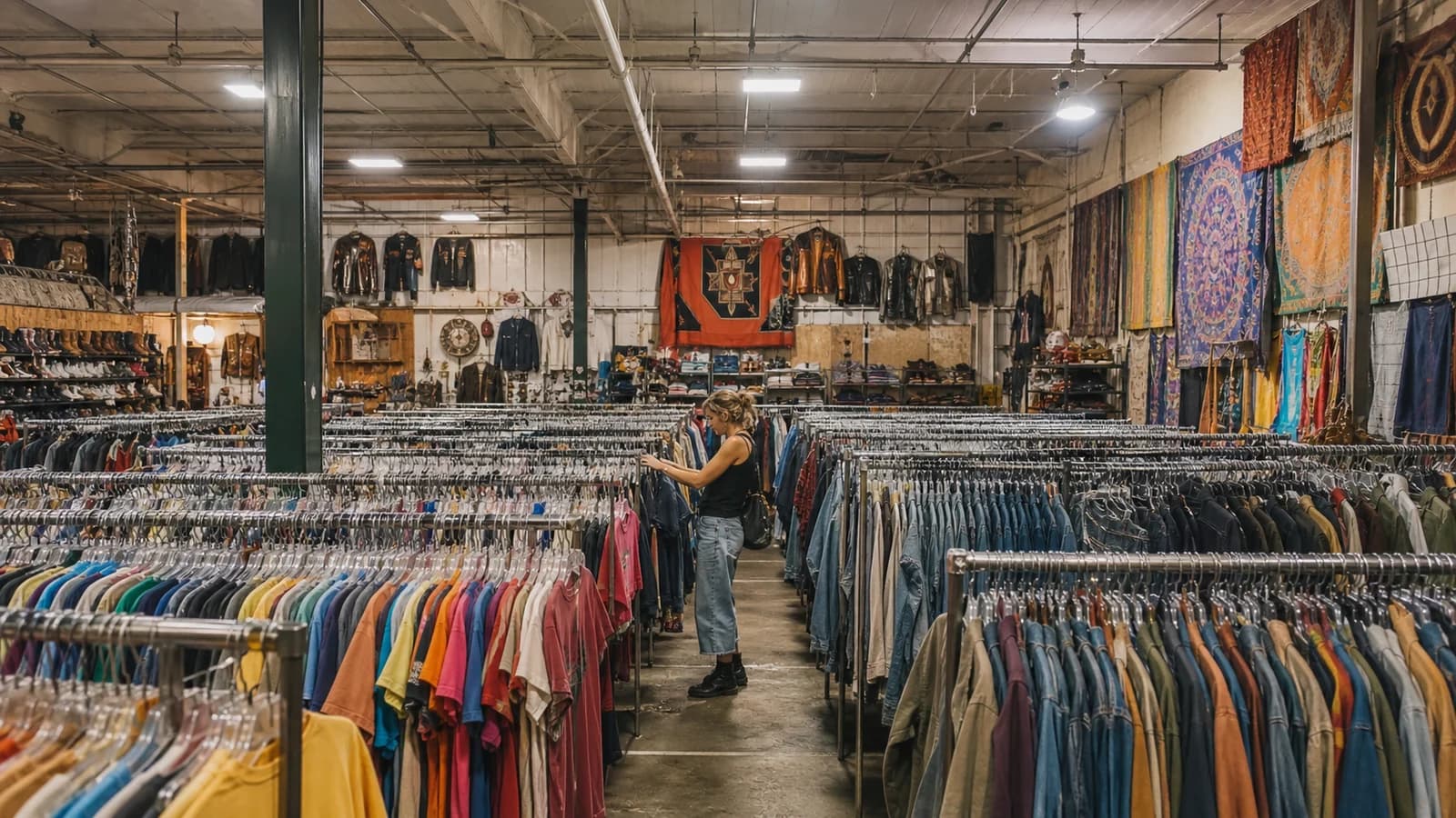 Wide warehouse thrift store in Bushwick with deep rows of vintage shirts, denim, and jackets