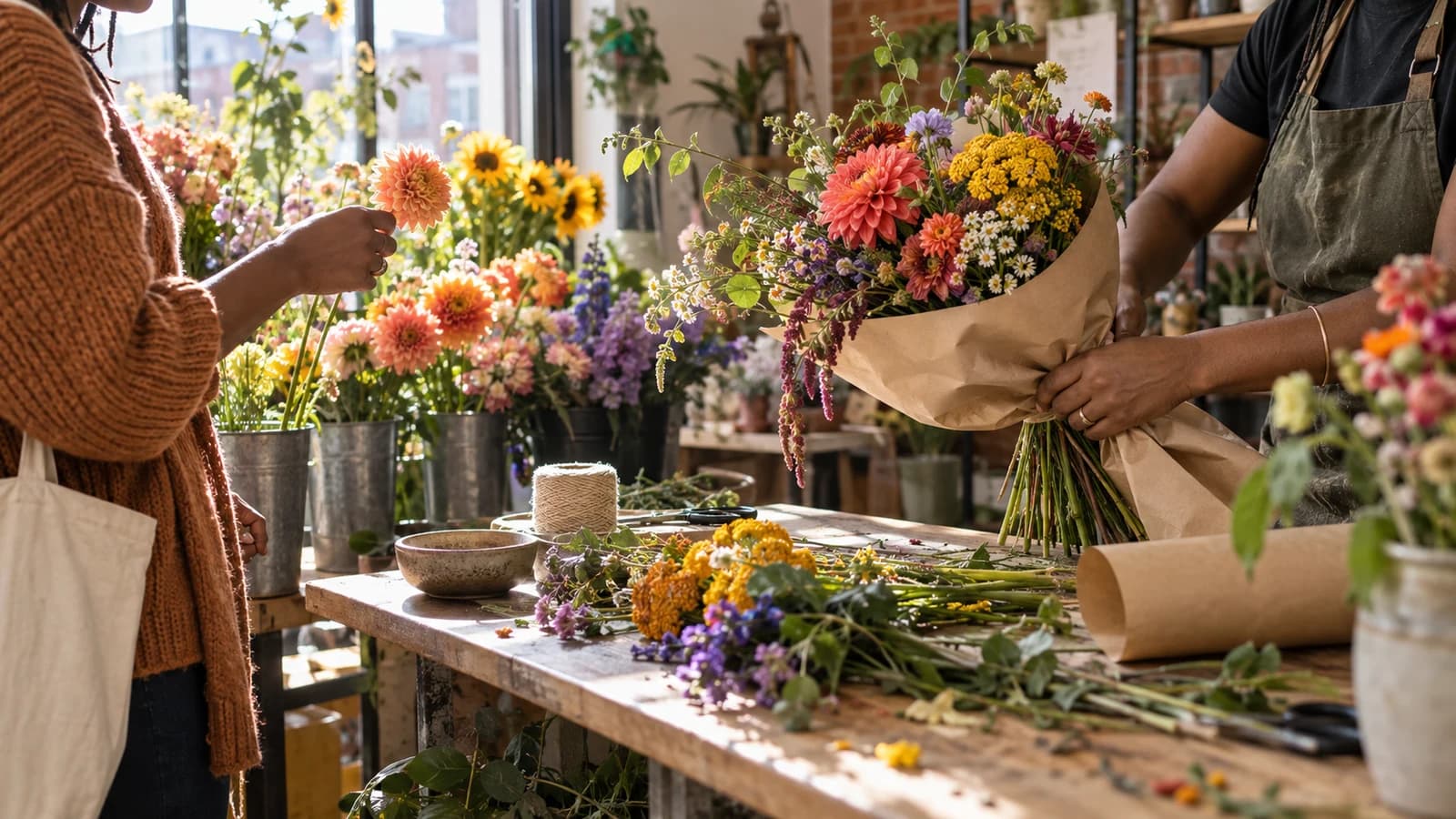 Original editorial image of a florist wrapping a colorful seasonal bouquet at a sunlit neighborhood flower shop