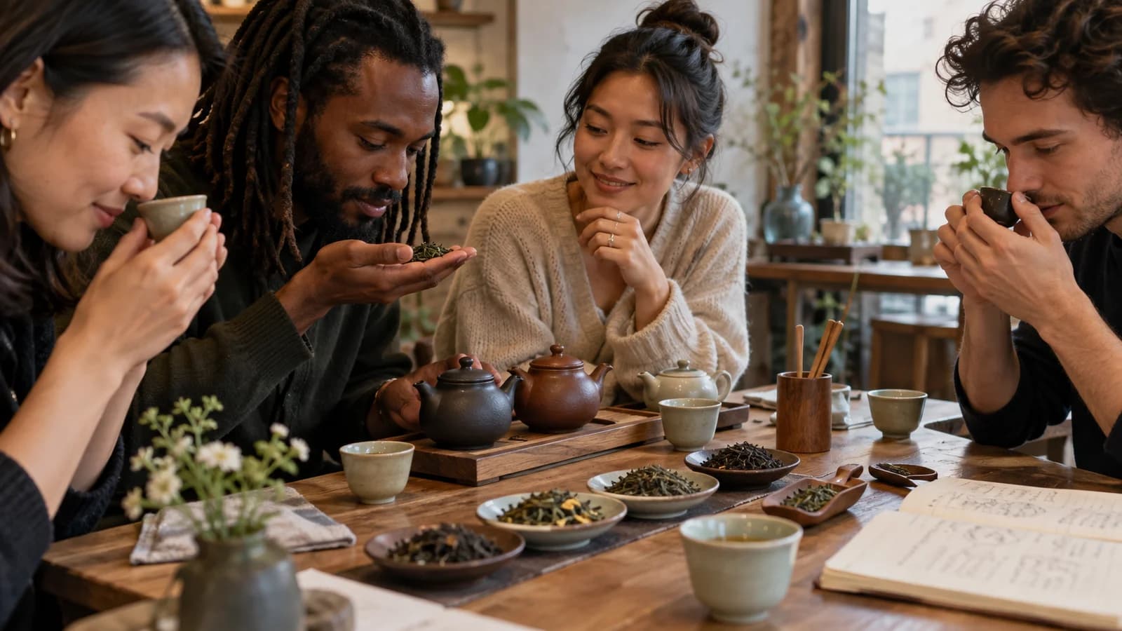 Original editorial scene of friends comparing loose-leaf teas, aromas and small pots at a neighborhood tasting table