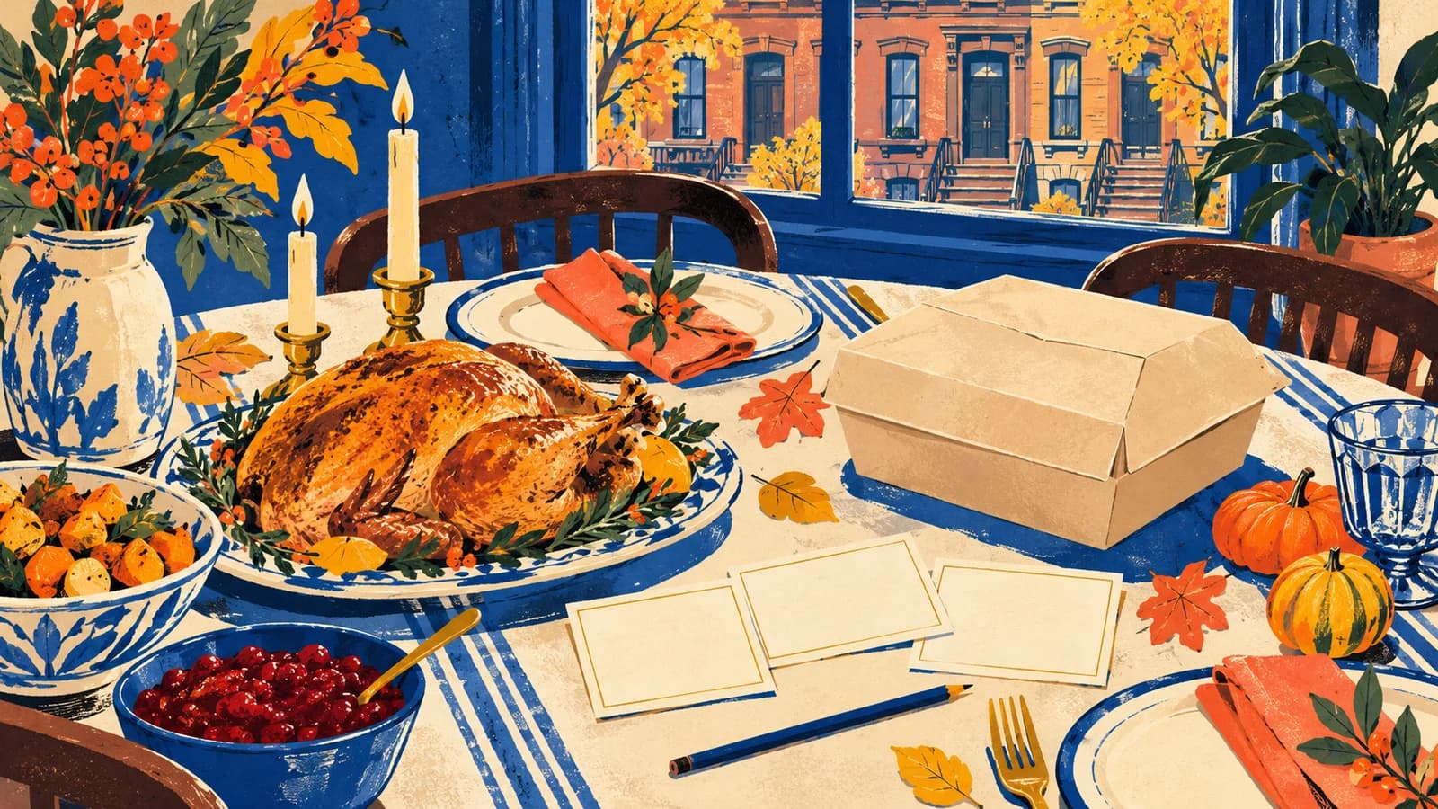 Conceptual illustration of an autumn dinner table with a roast and takeaway carton beside a Brooklyn window.