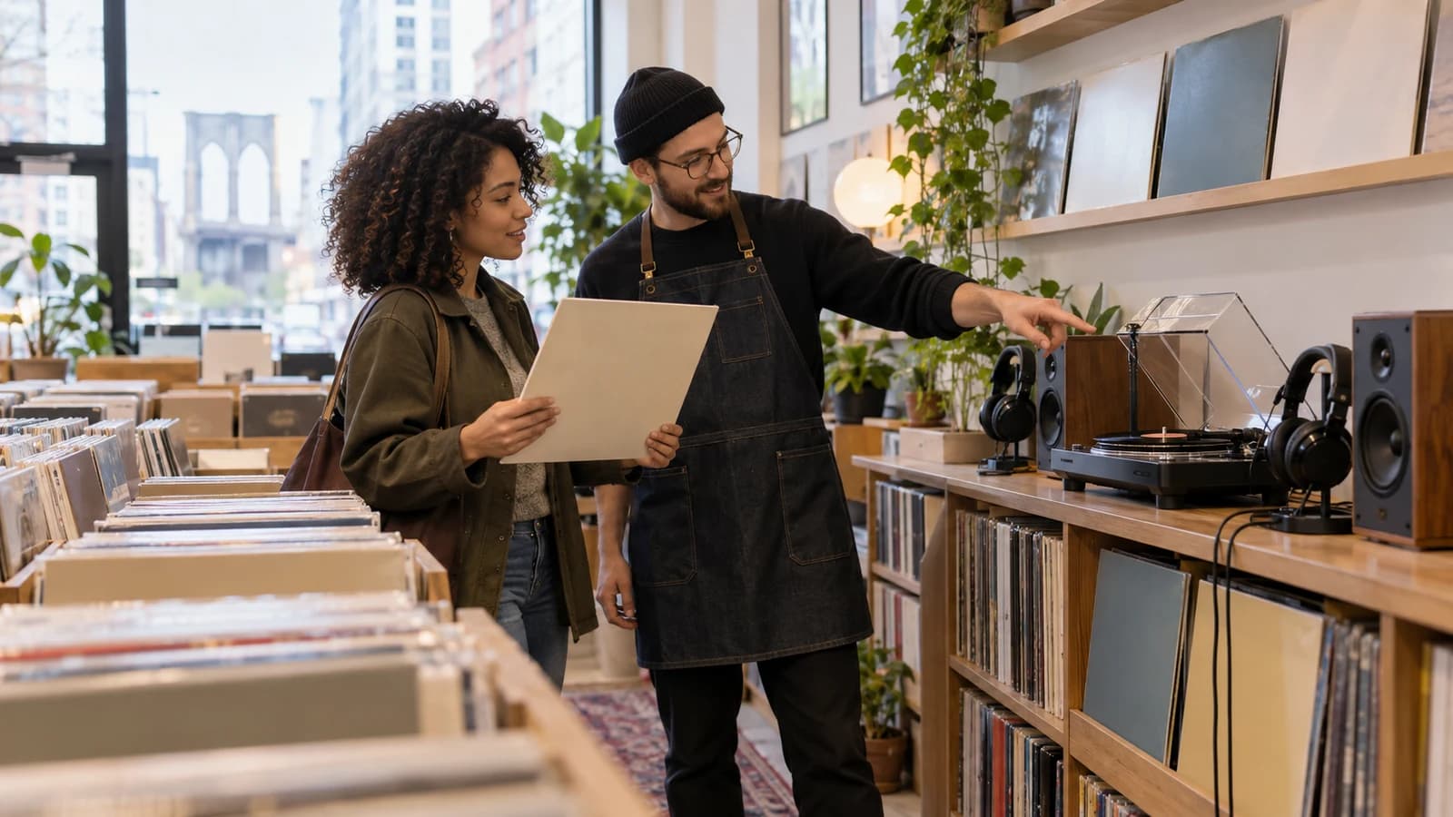 Original editorial image of a first-time vinyl shopper getting listening-station help in a curated record store
