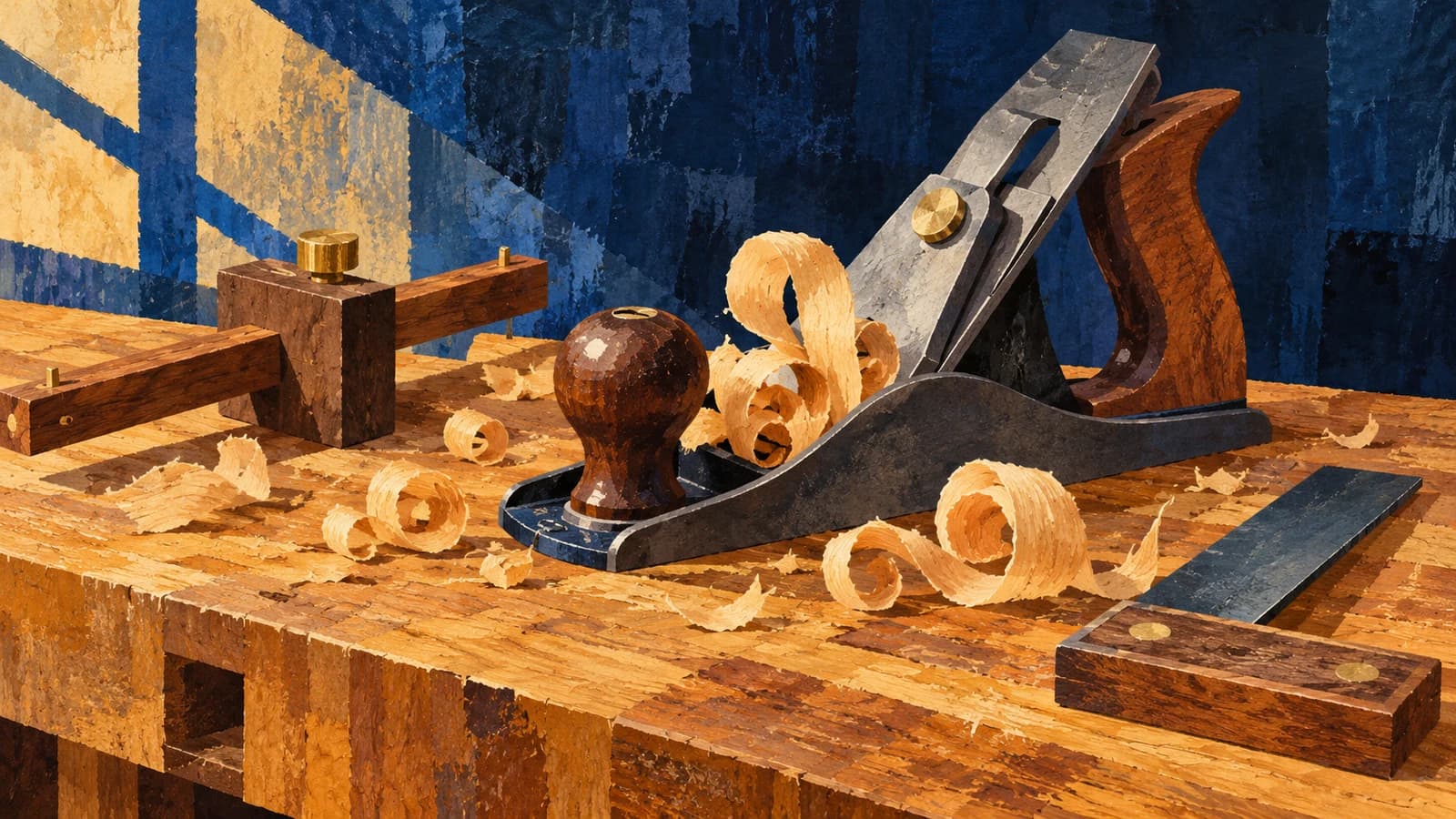 Conceptual editorial illustration for Tools for Working Wood; not a photograph or documentary depiction of the establishment.