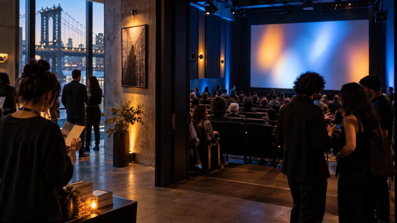 Original editorial scene of an independent film audience arriving for a DUMBO festival screening