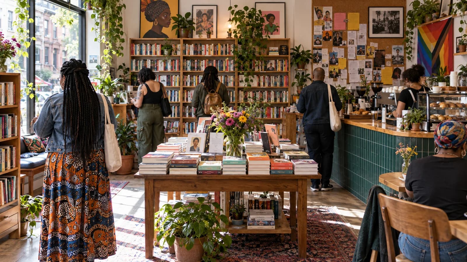 A bright Crown Heights bookstore and coffee shop with curated shelves, a community board and neighborhood browsers