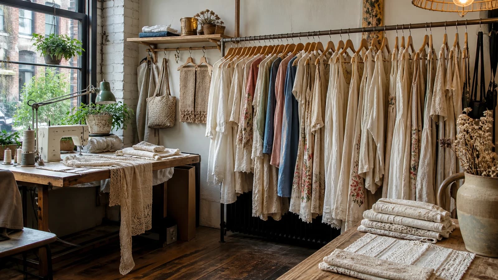 Reclaimed-linen dresses, lace garments, and a sewing worktable in a softly lit Brooklyn studio shop
