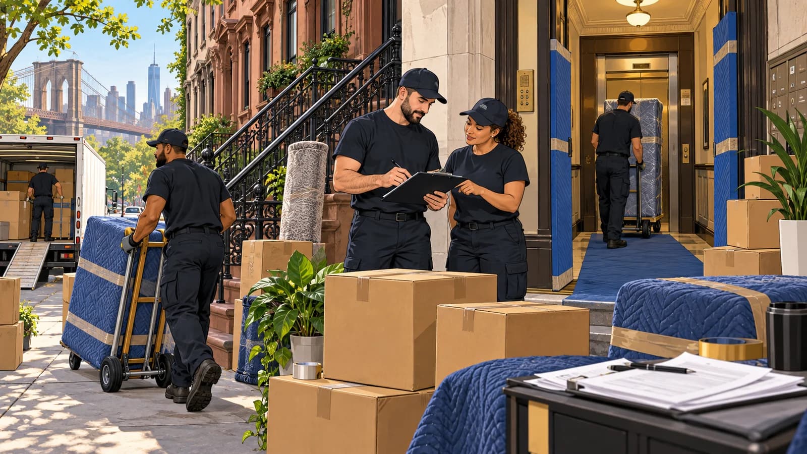 Professional movers protect a Brooklyn apartment doorway and review paperwork before moving boxed furniture.