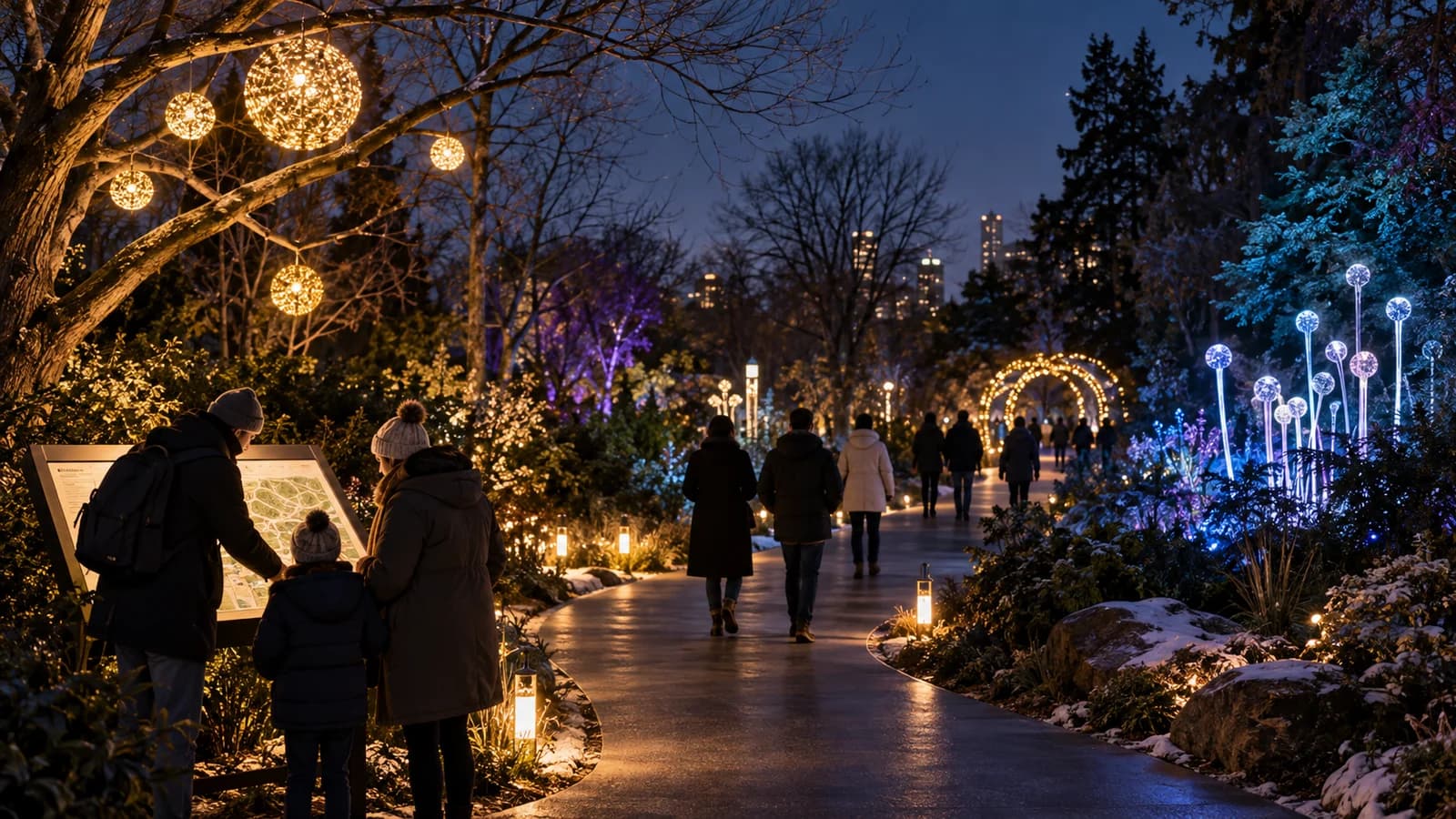 Original editorial scene of families following an illuminated winter garden trail and pausing at a route map after dusk