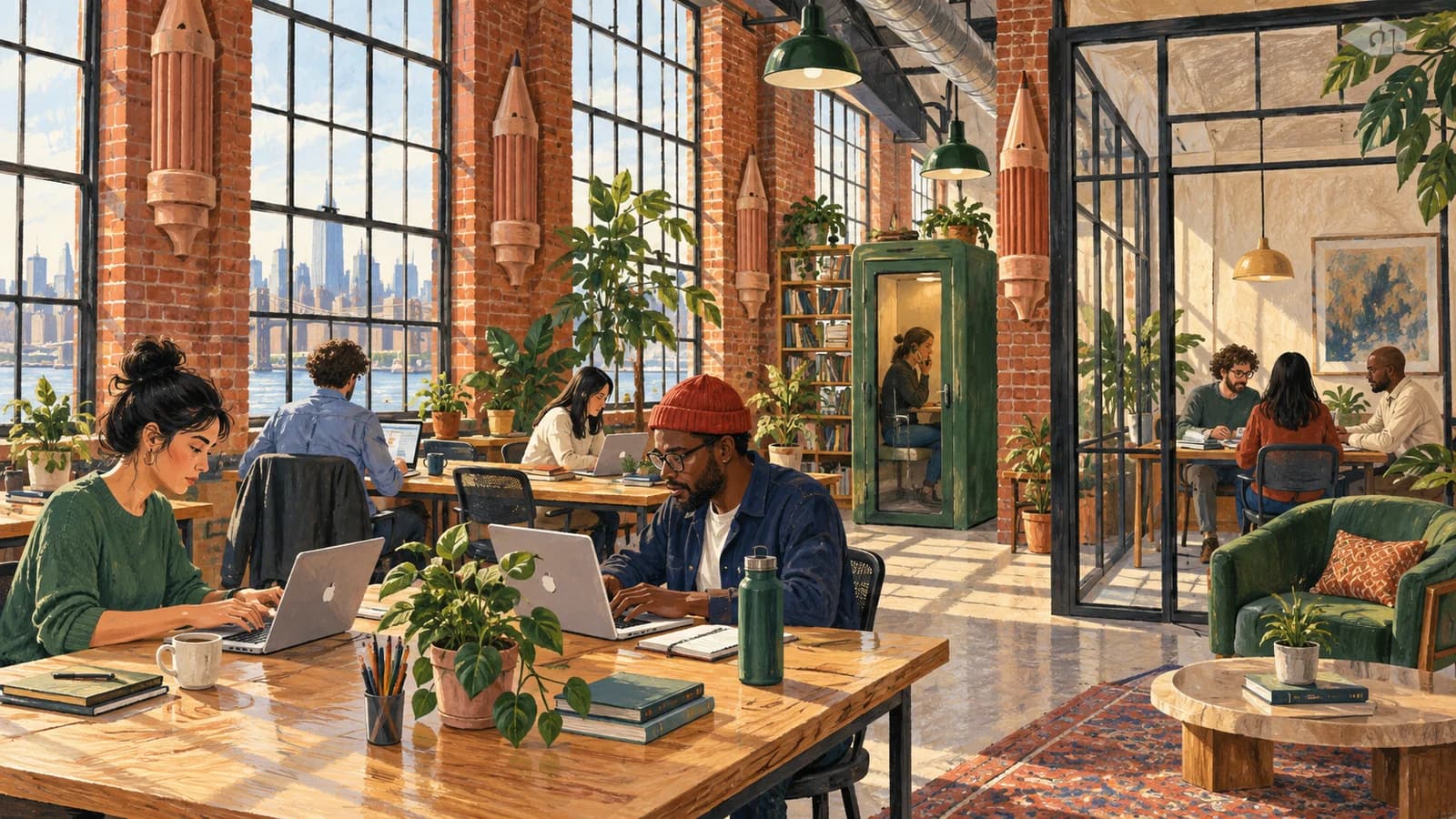 Original editorial illustration of people working at shared desks in a sunlit Greenpoint industrial loft with pencil-shaped architectural details.