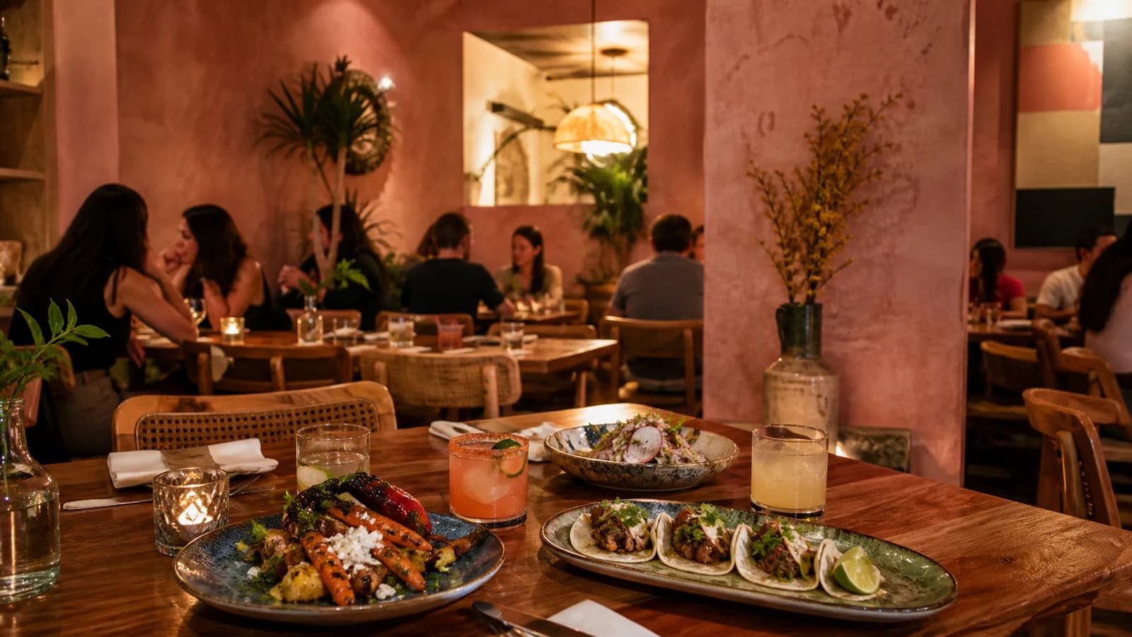 Warm modern Mexican restaurant table with tacos, vegetables, and colorful cocktails
