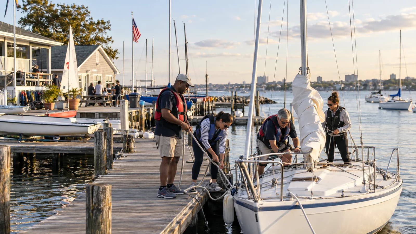 Original editorial image of cooperative sailing-club members preparing a sailboat at a Sheepshead Bay dock