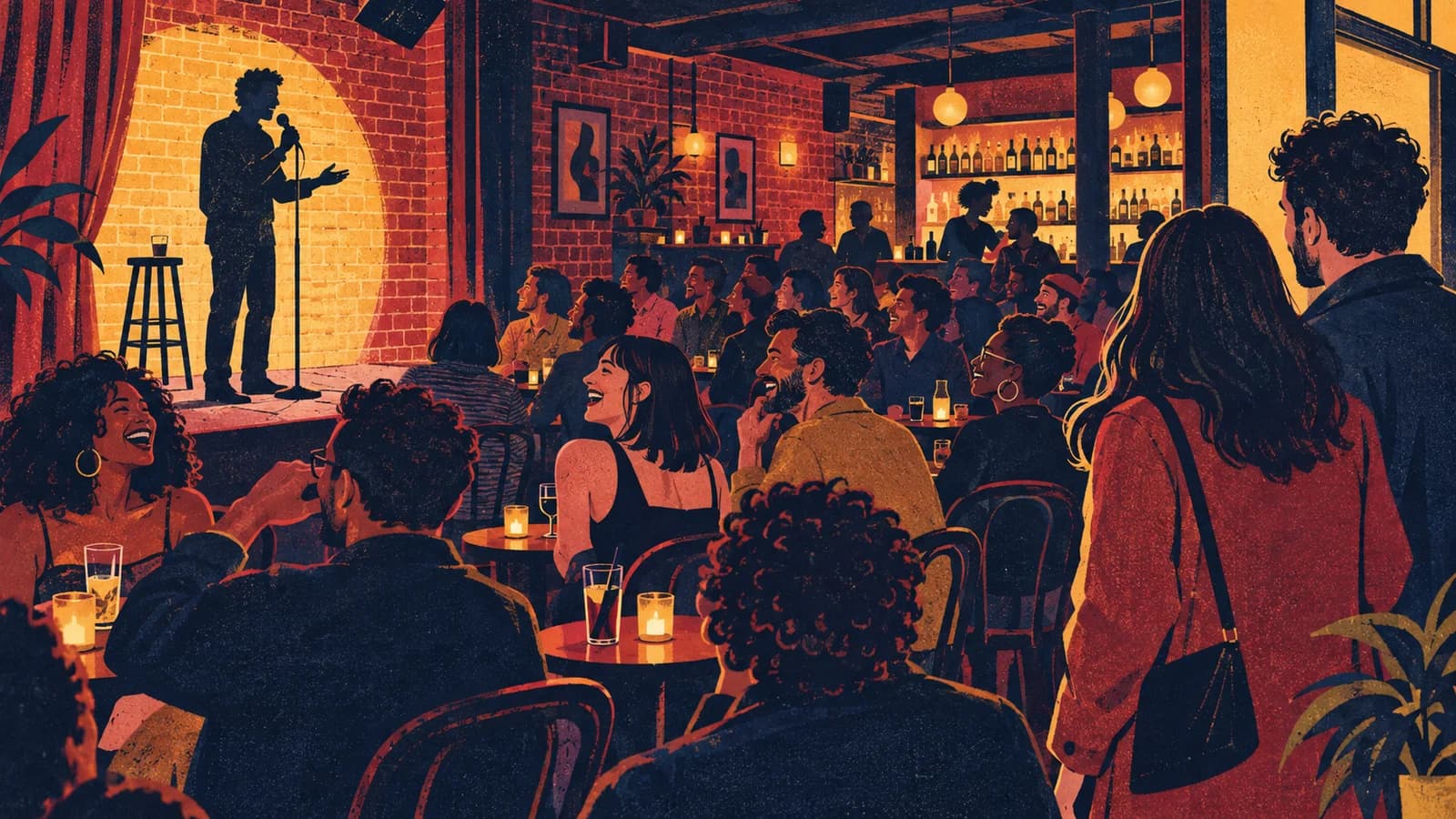 Original editorial risograph illustration of a comedian performing in an intimate brick-walled Brooklyn room before a lively audience.