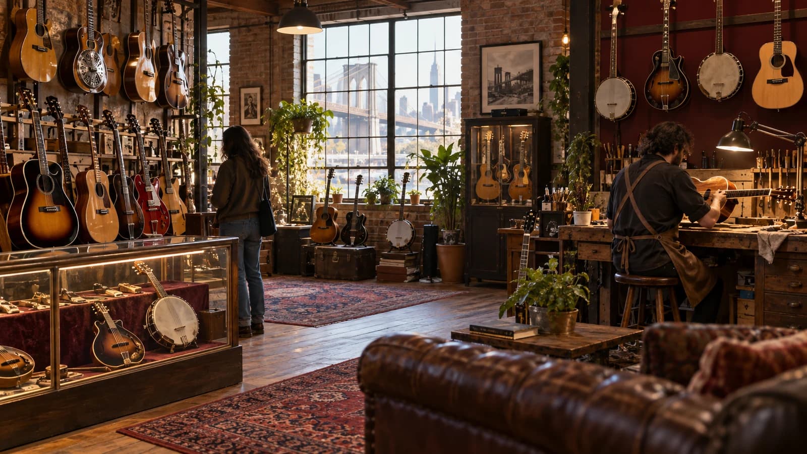 Original editorial image of a visitor browsing vintage stringed instruments while a technician works at a restoration bench