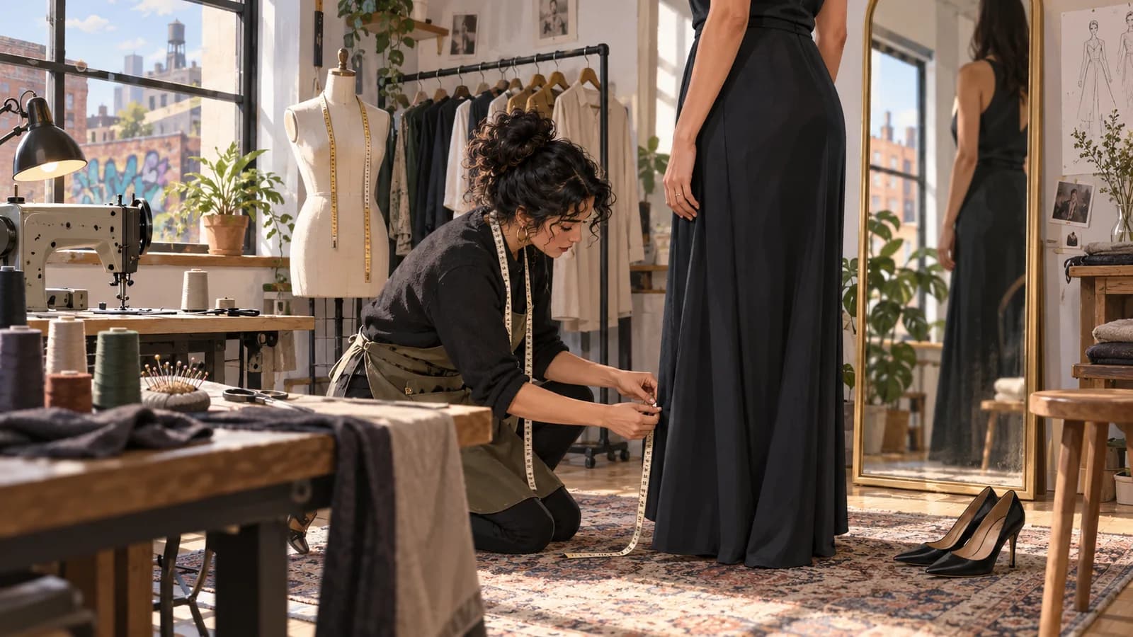 Editorial illustration of a tailor measuring a formal garment hem in a sunlit Bushwick studio.