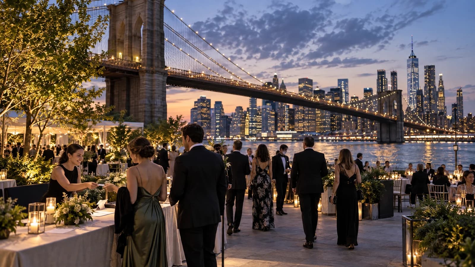 Original editorial scene of guests arriving at a non-documentary waterfront benefit beneath the Brooklyn Bridge