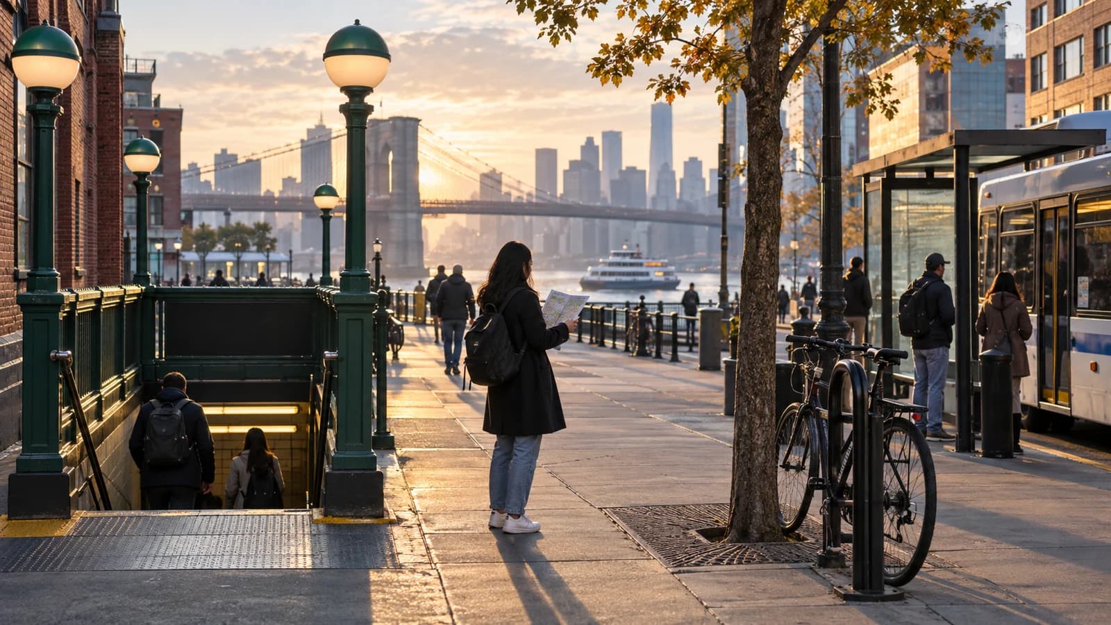 Conceptual Brooklyn commute scene with subway stairs, a bus, bicycles and a ferry in the distance