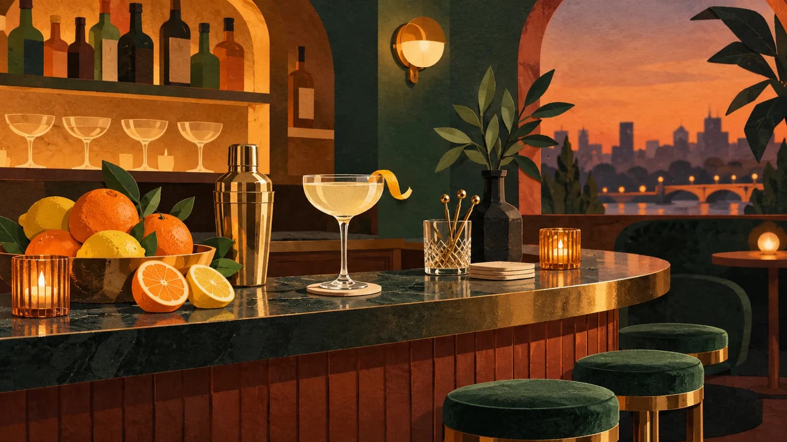 Conceptual editorial illustration of bar planning in Brooklyn; not a documentary depiction of The Long Island Bar.